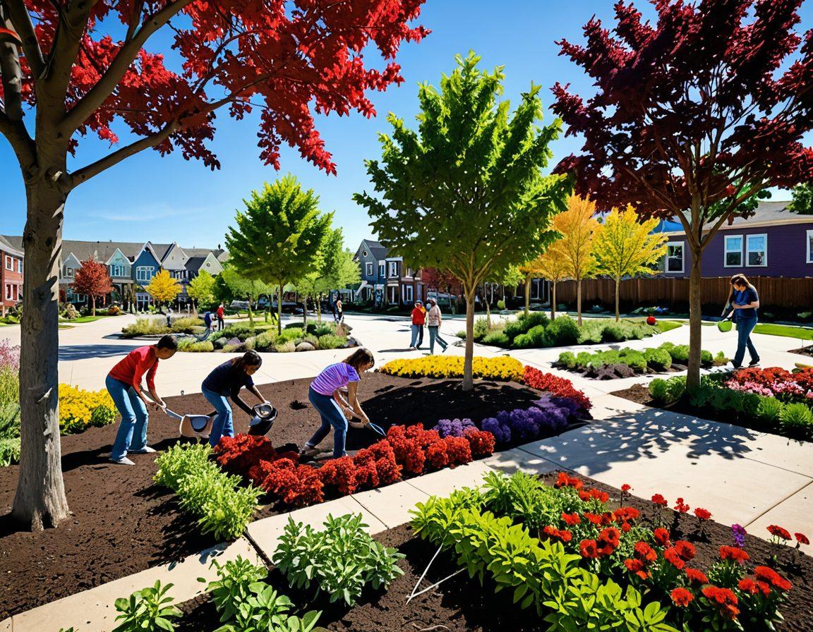 A serene landscape showcasing a diverse array of trees, emphasizing their importance in an urban setting. Depict a loving family planting a young sapling together, surrounded by lush greenery and colorful flowers, while a clear blue sky serves as the backdrop. Integrate elements of eco-friendly practices like watering cans and mulch bags. Convey warmth, connection, and environmental stewardship. vibrant colors. super-realistic.
