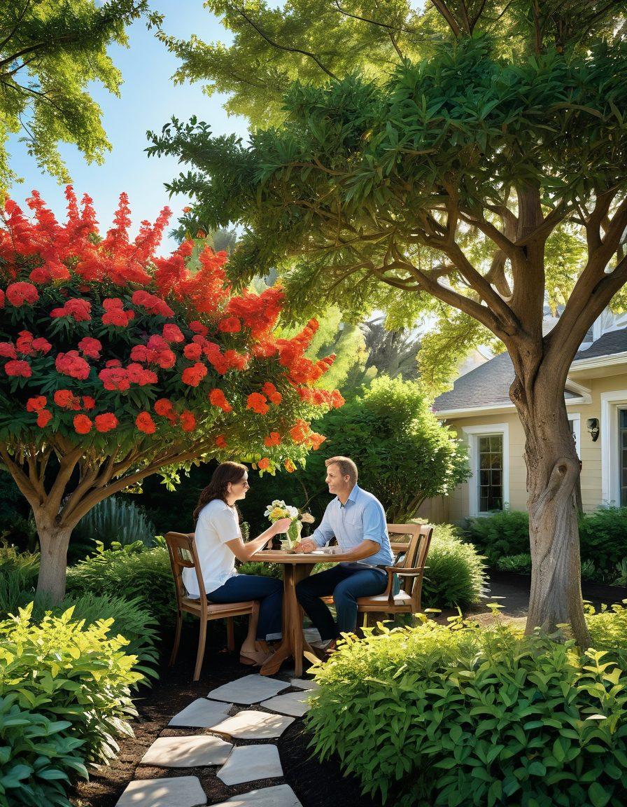 An inviting scene featuring a couple lovingly tending to a lush green tree in their garden, with a friendly insurance agent discussing tree care tips. Emphasize strong branches symbolizing protection and love, with vibrant flowers and a clear blue sky in the background. Include elements like a tree care guide and insurance documents subtly placed near them. The atmosphere should be warm and reassuring, showcasing the bond between nature and relationships. super-realistic. vibrant colors. warm lighting.