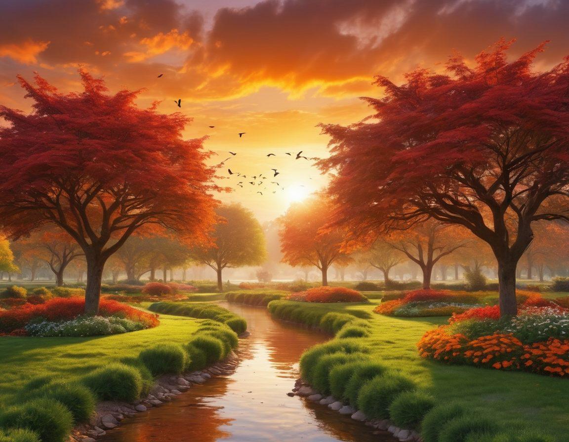 A serene landscape showcasing a variety of healthy trees in different seasons: lush green leaves in spring, colorful foliage in fall, and silhouettes against a sunset. Include a gardener tending to the trees with tools, emphasizing care and nurturing. The background should have a gentle flow of a river and birds flying, creating a peaceful atmosphere. bright, cheerful colors. 3D illustration.